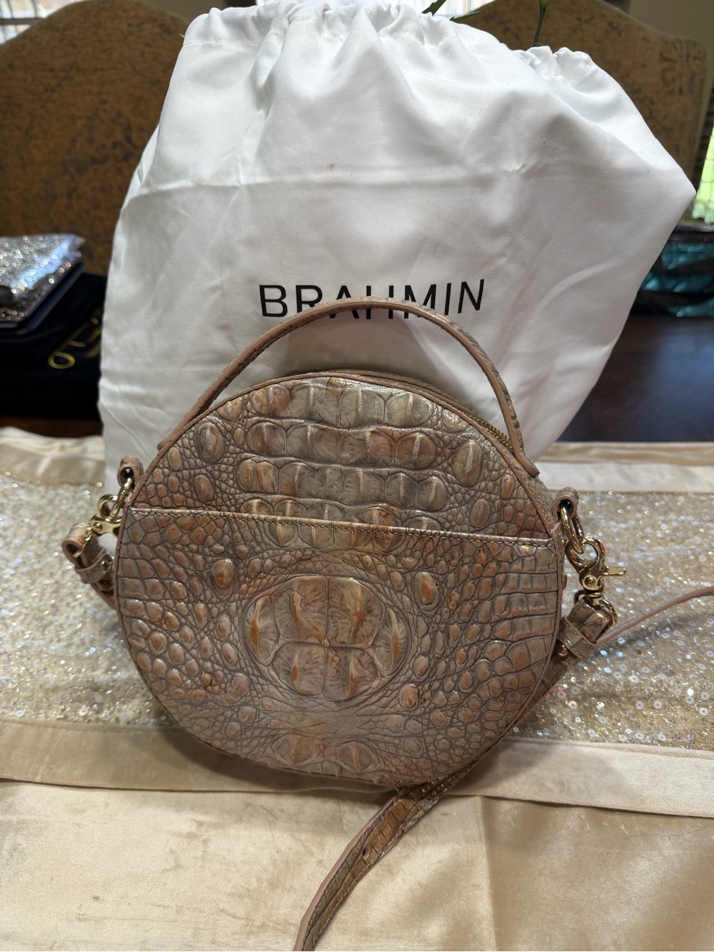 Brahmin Taupe Croc-Embossed Round Crossbody Bag-Reisling